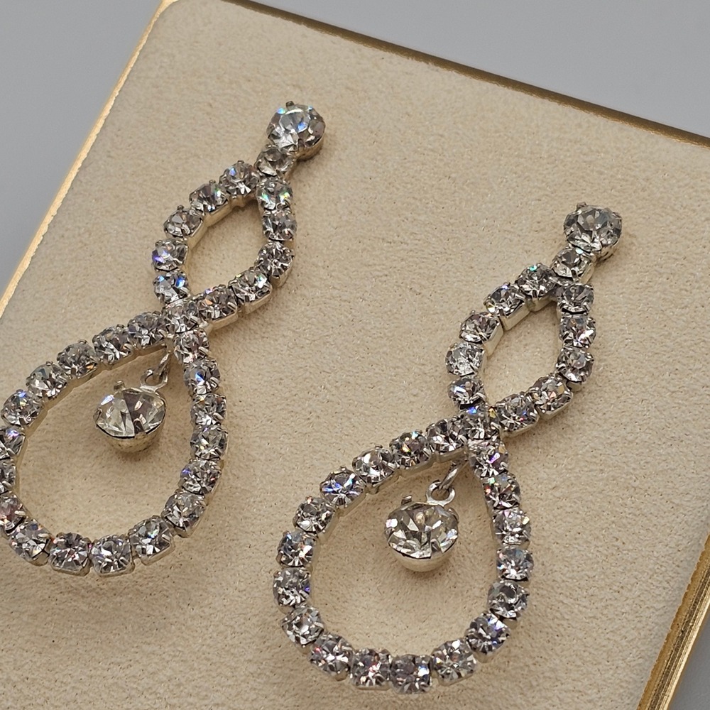 Y2K Clear Crystal Rhinestone Double Teardrop Drop Earrings Formal Bridal Sparkle - Picture 8 of 15